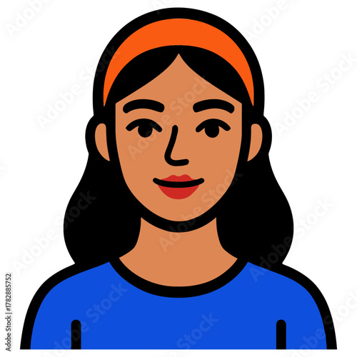 Smiling hispanic female avatar with orange headband and blue shirt illustration.