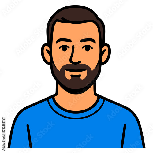 Cartoon illustration of bearded caucasian male adult in blue shirt.
