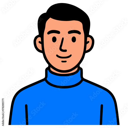 Cartoon portrait of a young adult male in blue sweater.