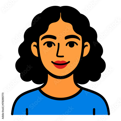 Illustrated portrait of smiling young hispanic female with curly hair and blue shirt.