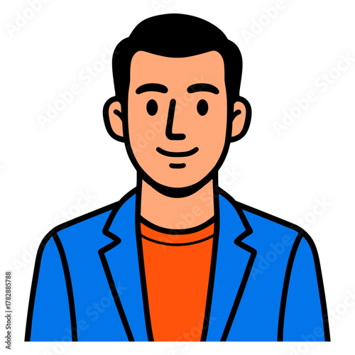 Cartoon illustration of a young caucasian male in blue blazer with orange shirt.