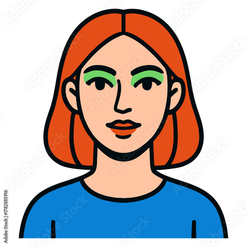 Young caucasian female with red hair and blue shirt on white background illustration.