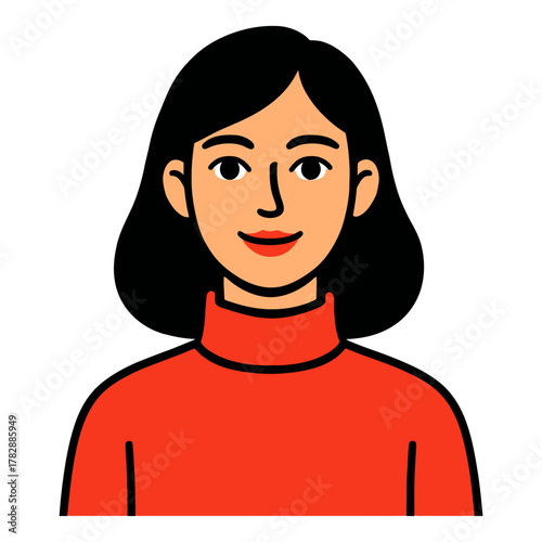 Smiling young asian female avatar in red sweater with black hair.