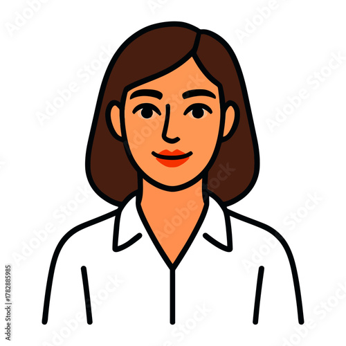 Illustration of a young caucasian female with brown hair and white shirt.