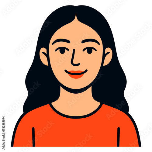 Smiling young asian female with long black hair wearing red shirt.