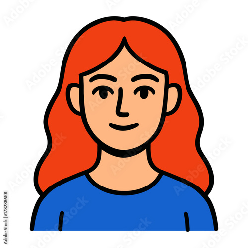 Smiling young caucasian female with red hair in blue shirt on white background.