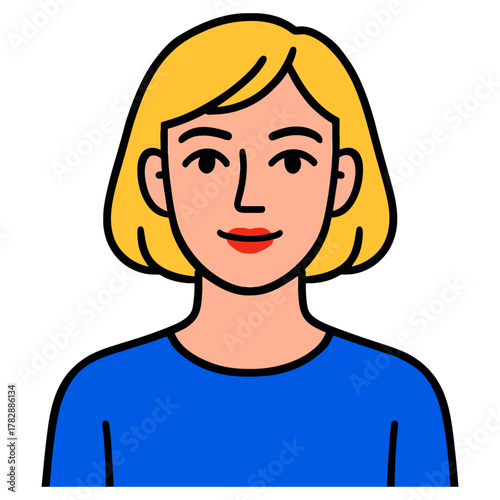 Smiling caucasian female character with blonde hair in blue top.
