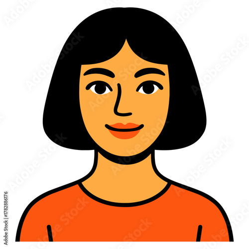Female asian young adult with short black hair cartoon portrait.
