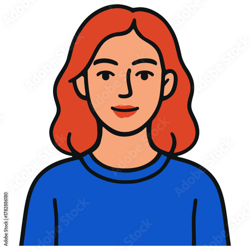 Illustrated portrait of young caucasian female with red hair in blue top.