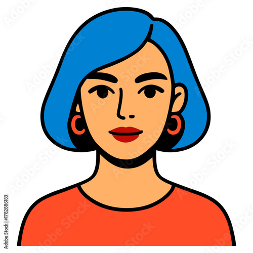 Illustrated portrait of a young asian female with blue hair and red earrings.