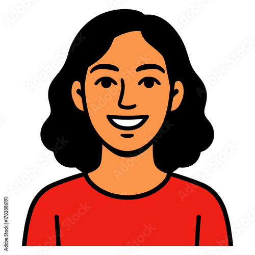 Smiling female illustration with dark hair and red shirt.