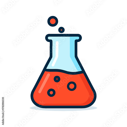 Cartoon laboratory flask with red liquid and bubbles.