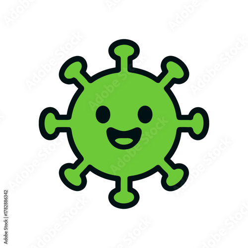 Cute green smiling virus cartoon icon with black outline on white background.