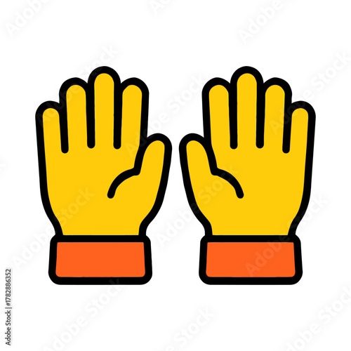 Bright yellow work gloves with orange cuffs on white background.
