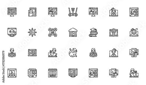 Online Learning icon set. Vector illustration pack. ncludes symbols for elearnng, video lecture, compute, graduation, books, study laptop, teacher and more.