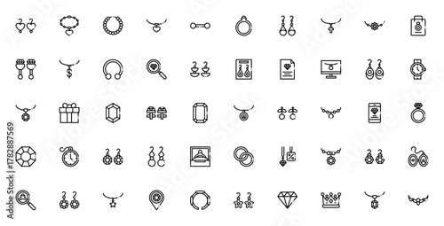 Jewelry icon set. Vector illustration. Includes earrngs, necklace, ring, diamod, pendant, bangle, crown,shopping bag and more. Ediable stroke.