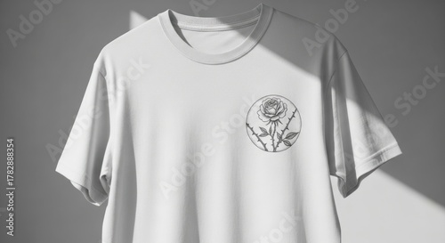 White t shirt with rose design mockup against grey background