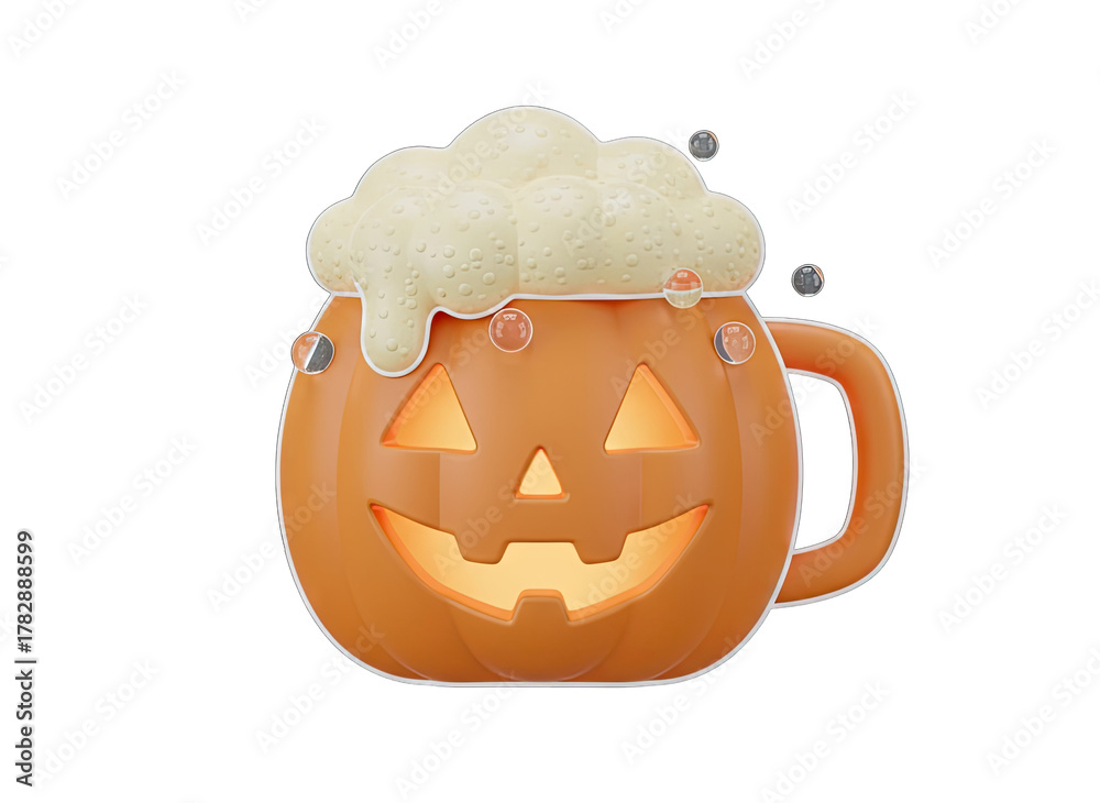 Fototapeta premium Orange Jackolantern Mug Filled With Frothy Beer And Bubbles On Transparent Background Halloween Themed Drink