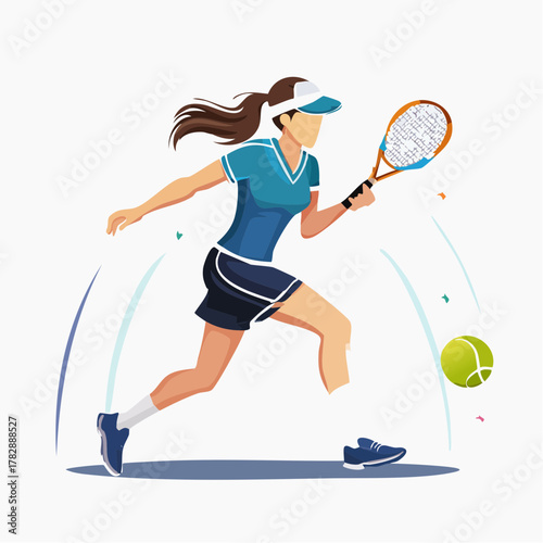 Illustration of a female tennis player hitting a ball with a racket.