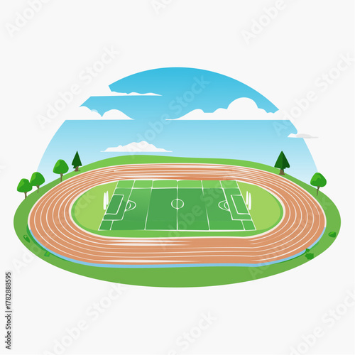 Cartoon illustration of an outdoor sports stadium with a running track and soccer field.