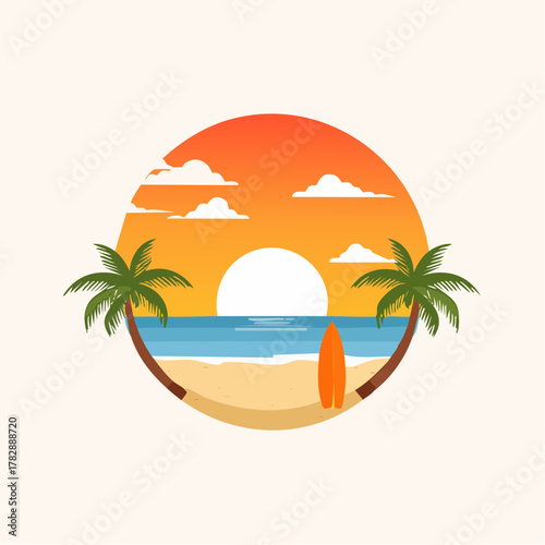 A vibrant sunset scene at a beach with palm trees, clouds, and a surfboard.