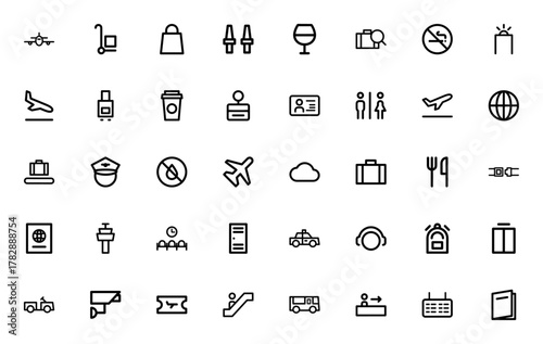 Airport symbols icon set. Vector illustration featurng plane, luggage, securit, departure, arrival, shop, passport, and more trave-related linear icons.