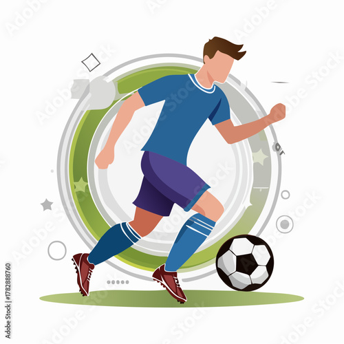 A dynamic illustration of a male soccer player in a blue jersey dribbling a soccer ball on a green field.