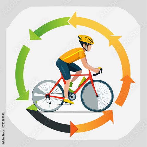 Cyclist riding a red bicycle surrounded by arrows in a circular motion.