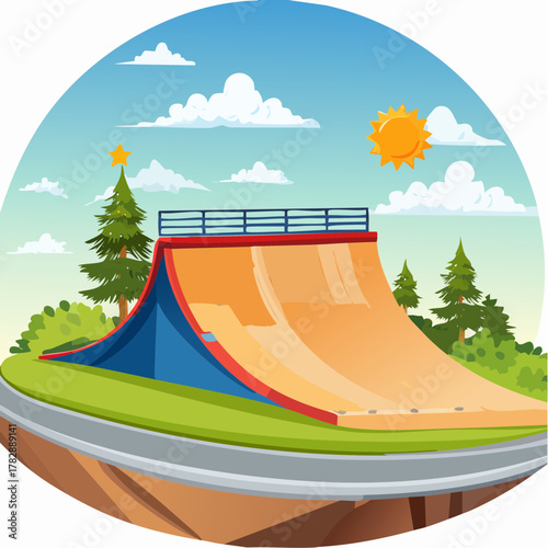 A vibrant illustration of a skate park with a ramp, trees, and a sunny sky.