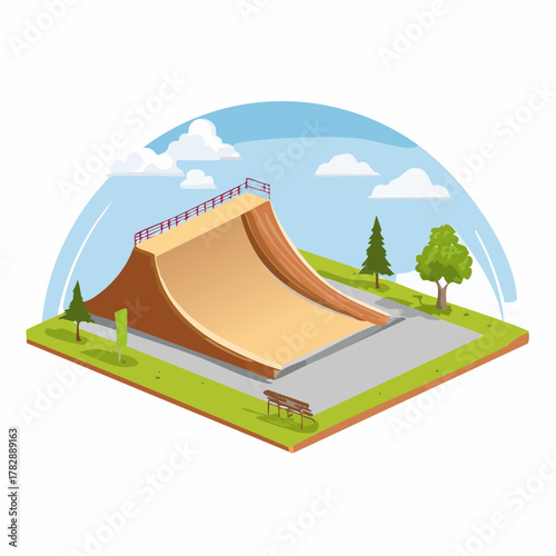 Isometric illustration of a wooden skate ramp in a green park with trees and a blue sky.