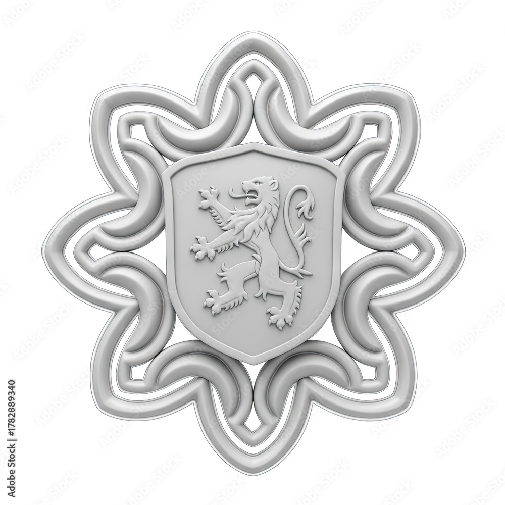 Fototapeta premium Ornate Silver Emblem Featuring a Rampant Lion on a Shield With Intricate Celtic Knot Border Isolated on White Background