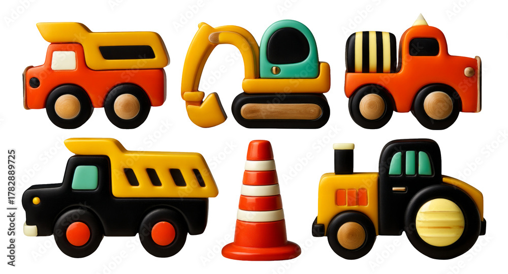Naklejka premium Colorful Construction Vehicles and Traffic Cone Toy Shapes on Transparent Background