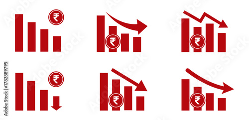 Indian rupee depreciation symbol. Rupee value decline icons with downward arrow. Vector illustration for rupee devaluation, fall, empty forex reserve, currency exchange rate concept for economy 