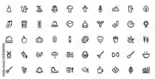 Autumn Elements icon set. Vector illustration collecion. Featuring leaf, pumpkn, squirrel, mushroom, scaecrow, apple, acorn, rake,sweater, boot and more.