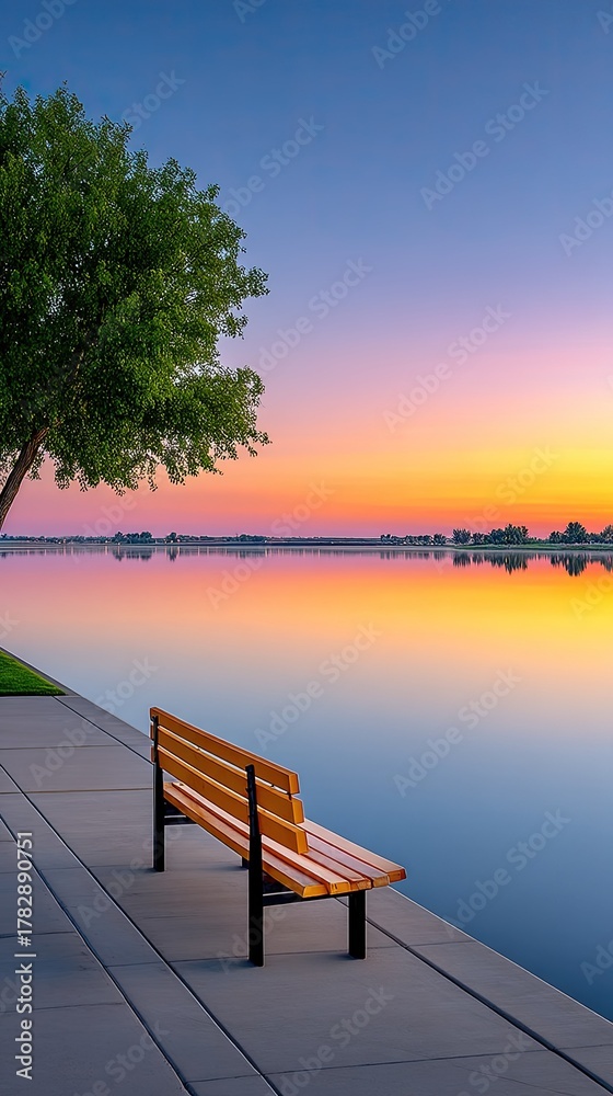 Obraz premium Serene Wooden Park Bench Beside Calm Water Reflecting Vibrant Sunset Sky Gradient Under Lush Green Tree