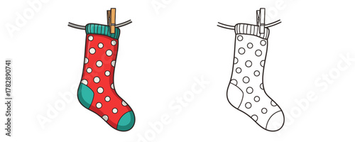 Hanging red sock with white polka dots on clothesline cartoon style drawing for coloring page book