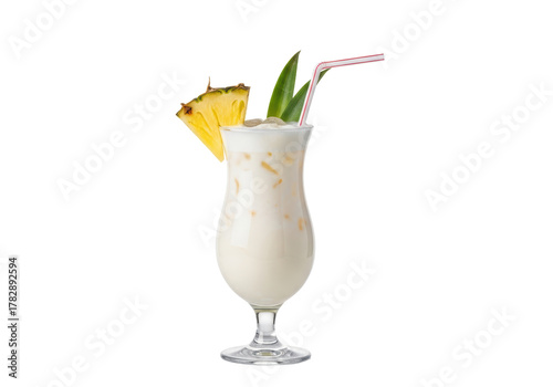 Creamy tropical pina colada drink with pineapple and straw, perfect for summer