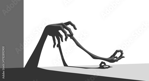 Surreal elongated skeletal hands casting long shadows on a white surface.