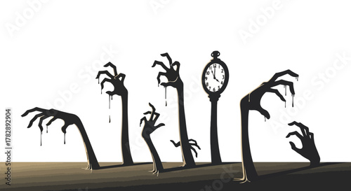 Creepy Zombie Hands and Clock Emerging from the Ground.