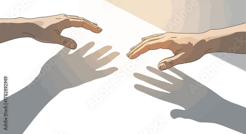 Two hands reaching out with their shadows on a white surface.