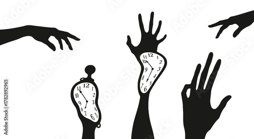 Surreal Time: Melting Clocks and Reaching Hands in Silhouette.