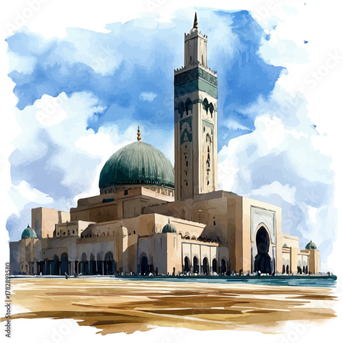 Hassan Ii Mosque, watercolor illustration vector, isolated on a white background.