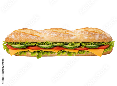 Freshly prepared delicious baguette sandwich with crisp lettuce, sliced cucumber, juicy tomato, and cheese