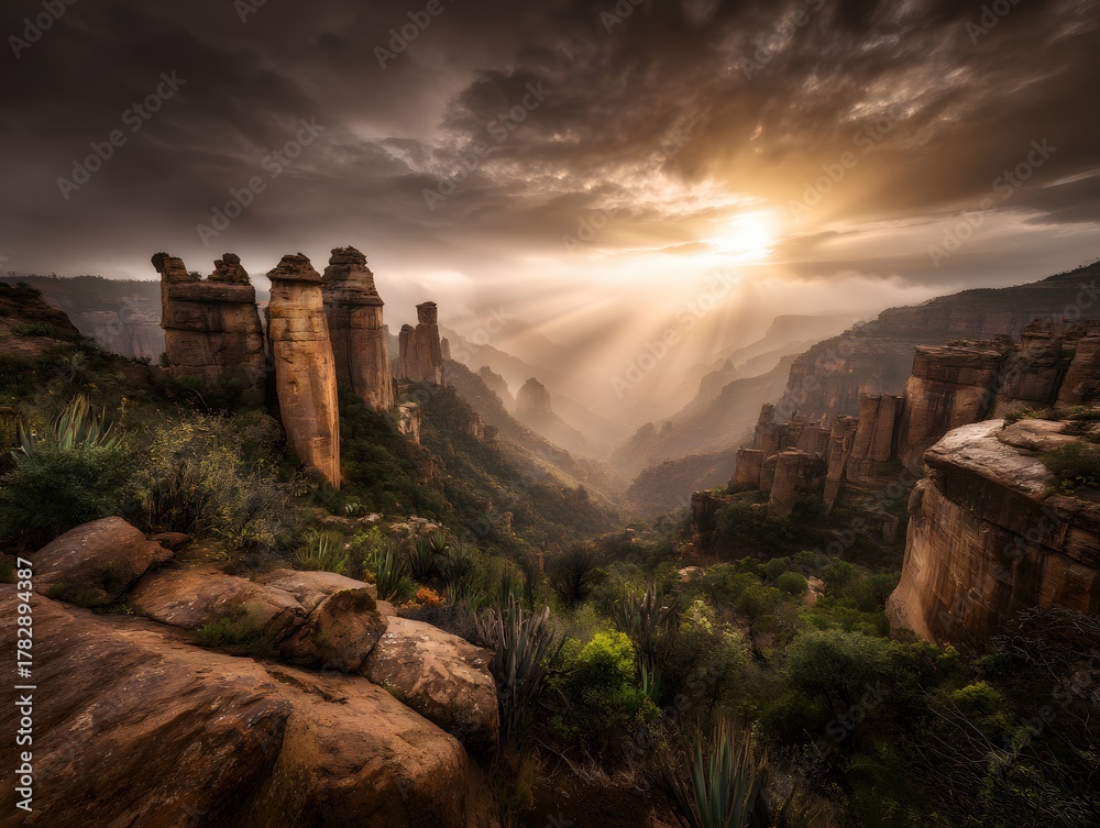 Fototapeta premium echoing. Sound waves echoing between canyon walls in a misty valley, wide landscape view. travel magazines, destination branding, designed for outdoor magazines and nature guides.