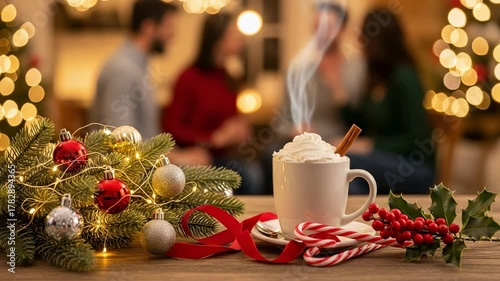 Steaming hot chocolate with whipped cream and cinnamon stick, surrounded by festive Christmas ornaments, holly, and candy canes, with blurred people celebrating the holidays.