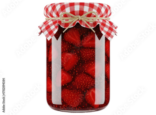 Delicious homemade strawberry preserves in a glass jar with a rustic checkered lid