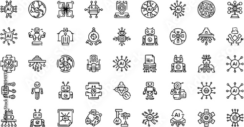Artificial Intelligence and Robotics Line Icons Set. Collection of Outline Symbols for AI, Machine Learning, Data Processing, Automation, and Smart Technology Concepts.