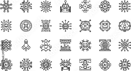 AI Artificial Intelligence Technology Line Icon Set