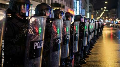 Line of riot police officers in full protective gear standing on a wet city street at night, ready for public order duty.