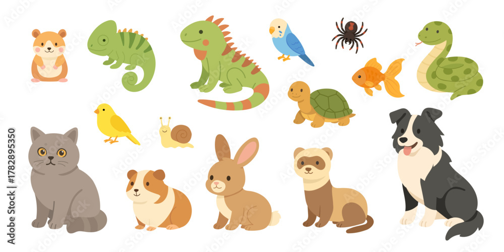 Obraz premium colorful collection of pet animals, bright flat illustrations of various pets and reptiles, vivid icons representing small pet animals and reptiles in playful style